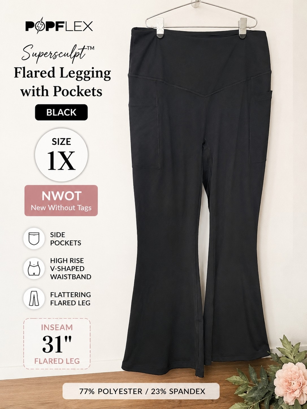 POPFLEX Supersculpt™ Flared Legging with Pockets Black 1X NWOT High Rise Yoga